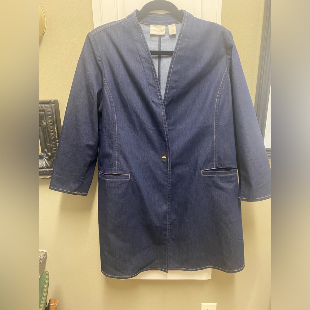 Chico’s Rich Indigo Refined Collarless Denim Duster